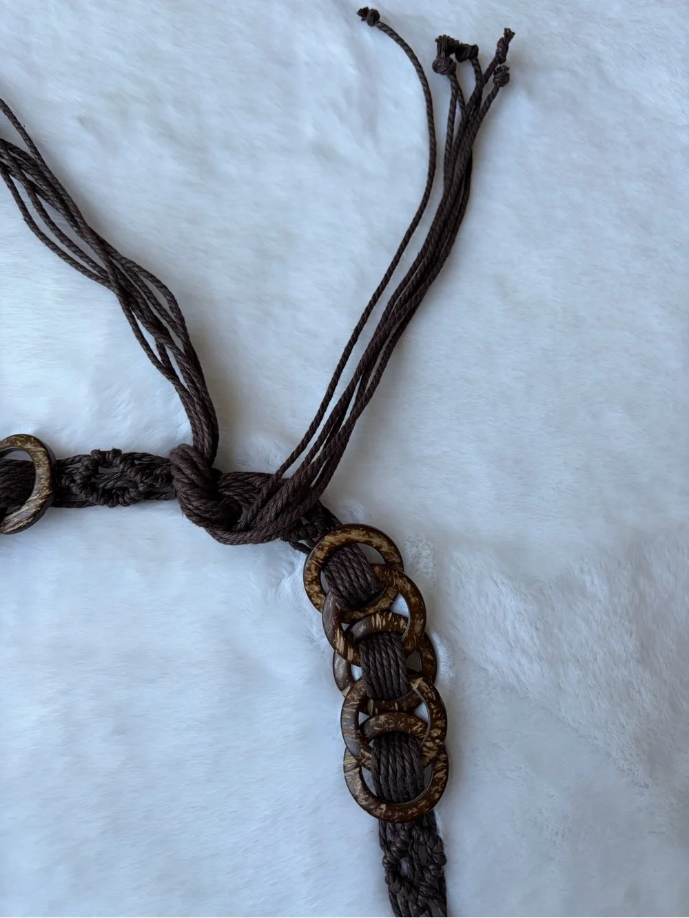 Y2K Brown Braided Rope Belt Wooden Ring Boho Hippie Waist Belt